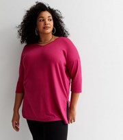 New Look Curves Bright Pink Fine Knit Long V Neck Top